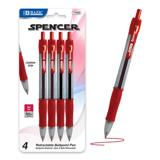 Spencer Red Retractable Pen w/ Cushion Grip (5/Pack)