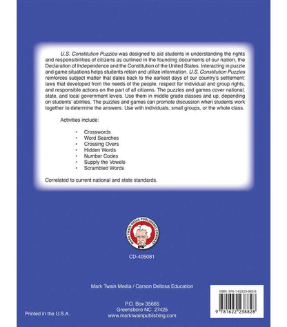 Carson Dellosa Education - U.S. Constitution Puzzles Workbook, Grades 5 - 12