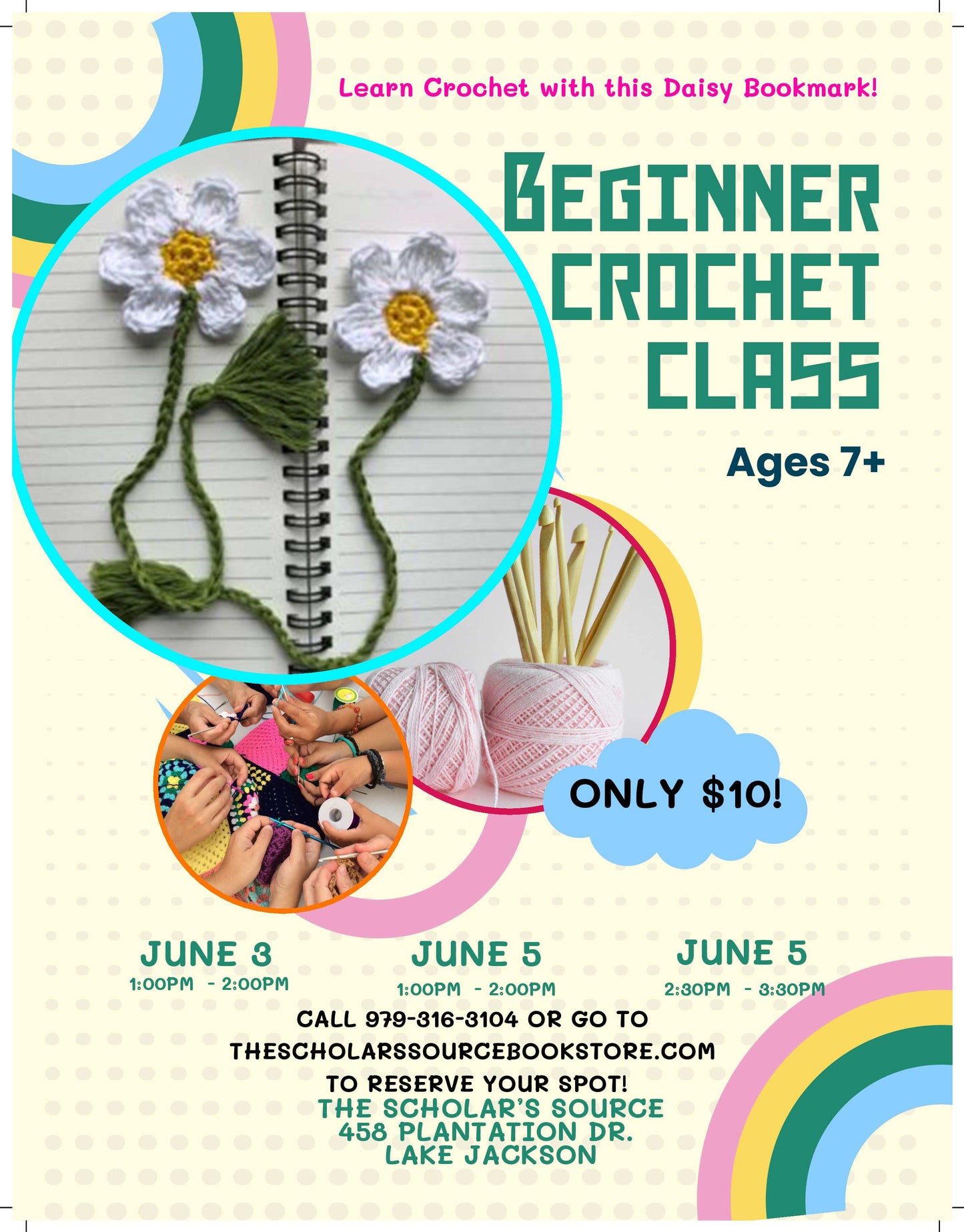 Daisy and Chain Bookmark Beginner Crochet Class June 3rd 1pm-2pm