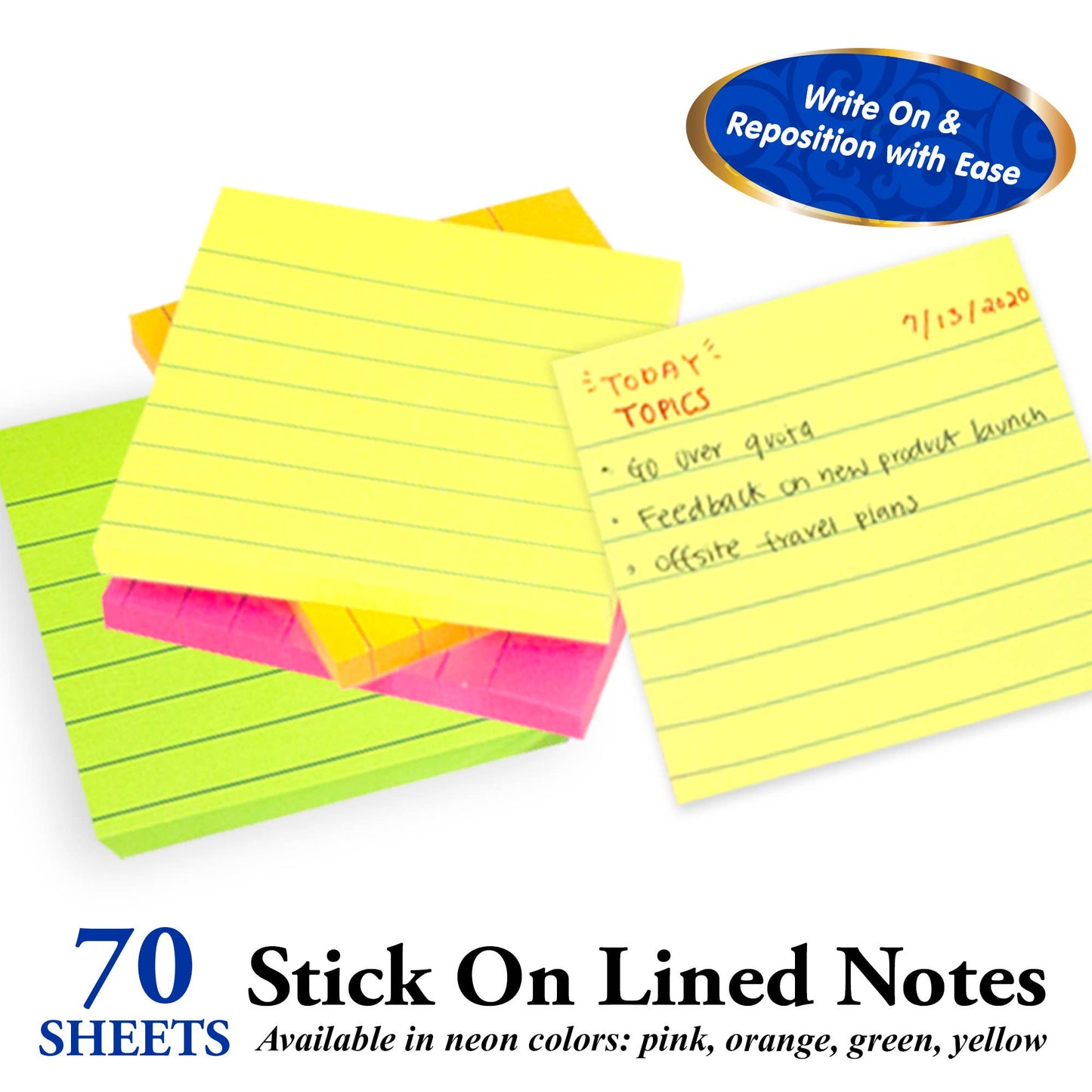 Lined Stick On Notes Neon 3" X 3" 70 Ct